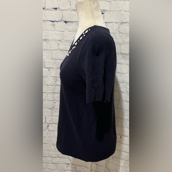 The Limited Embellished Neckline Crew Neck Top in Navy Cotton Medium - Picture 3 of 7